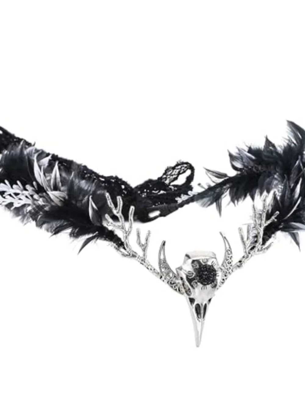 Handmade Black Gothic Raven Feather Crown Circlet with Skull